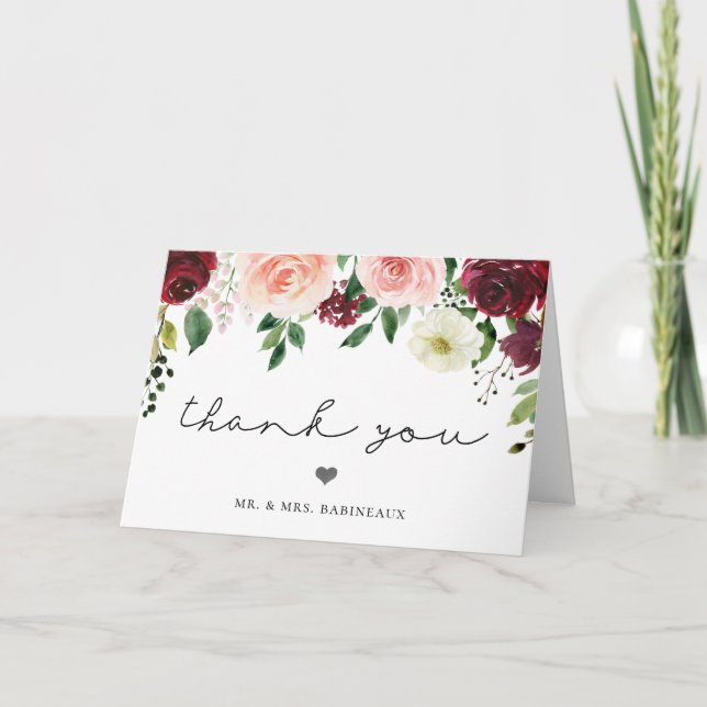 Agradecimiento de boda floral de tono rosa Borgoña (Anverso)