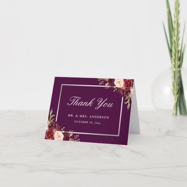 Agradecimiento de boda floral morado ciruela gris  (Anverso)