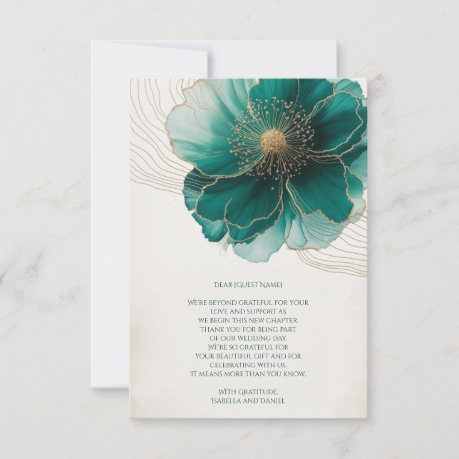 Agradecimiento de Boda Floral Turquesa Dorado (Anverso)