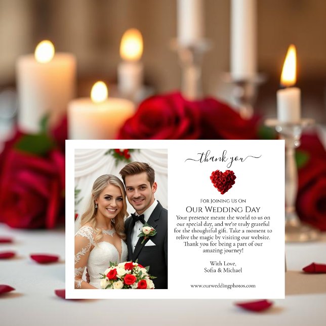 Agradecimiento de Boda - Rosas Rojas en Forma de C (Wedding Thank You- Heart Shaped Red Roses Thank You Card)