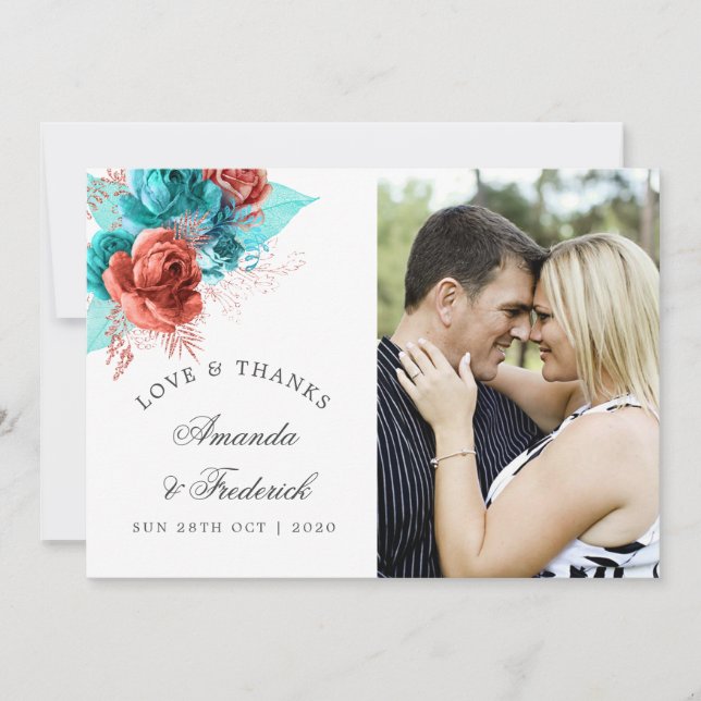 Agradecimiento de boda tropical turquesa y coral (Anverso)