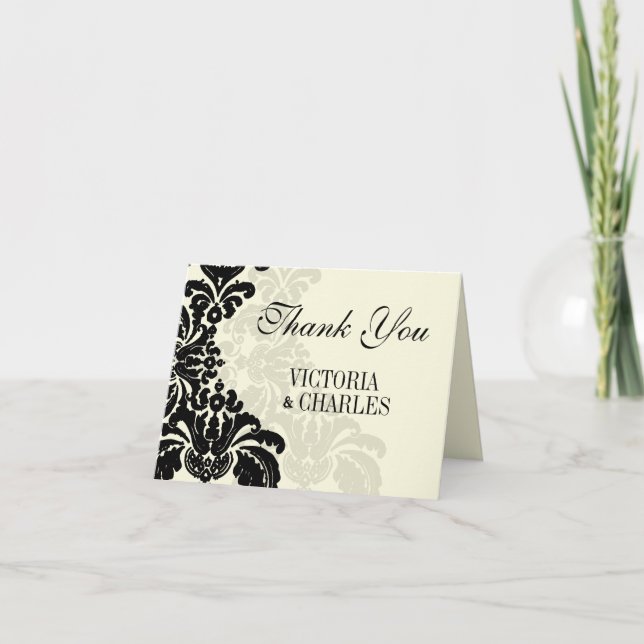 Agradecimiento de boda vintage negro damasco (Anverso)