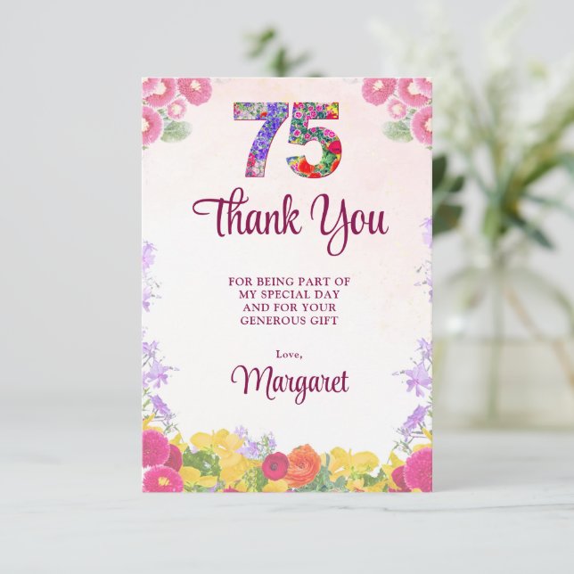 Agradecimiento de cumpleaños 75 Floral Elegante (Anverso de pie)