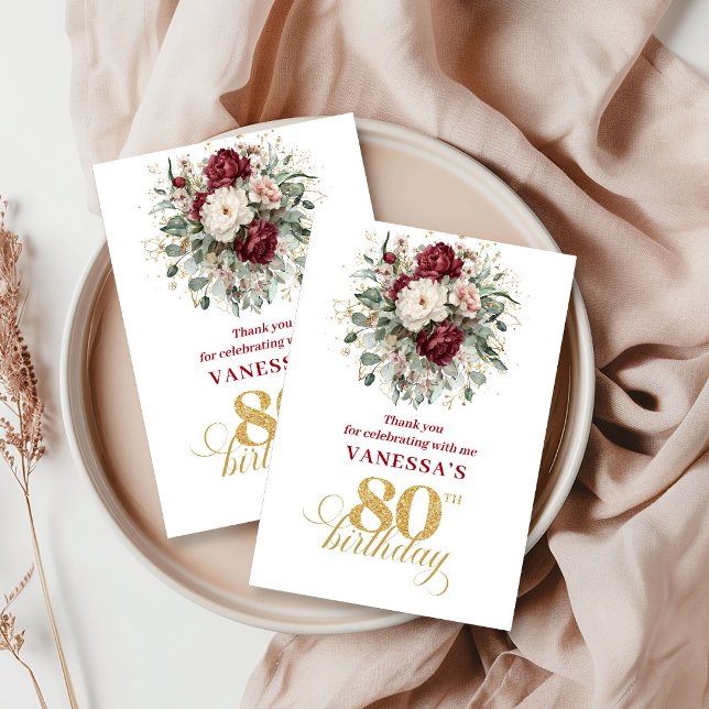 Agradecimiento de cumpleaños 80 Rosa delicada Borg (Graceful Blush Burgundy 80th Birthday Thank You Card)