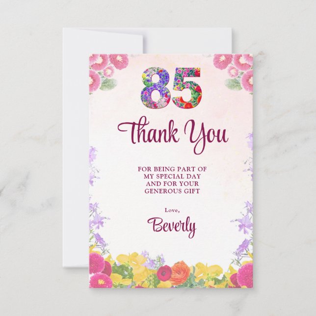 Agradecimiento de cumpleaños 85 Floral Elegante (Anverso)