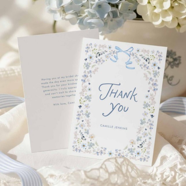 Agradecimiento de Despedida de Soltera con Floral  (Blue Floral Bridal Shower Thank you Card with message)