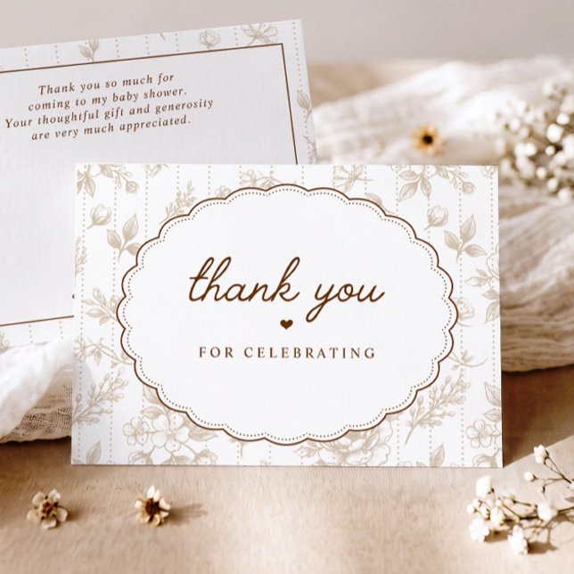 Agradecimiento de ducha de bebé ovalada con flores (Beige neutral vintage French floral baby shower thank you card with scalloped frame)