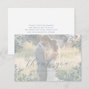 Agradecimiento de foto de boda de flores azul polv