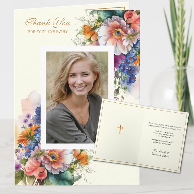 Agradecimiento de Fotos Florales de Condolencias C (Traditional Catholic Funeral Memorial Thank You Card)