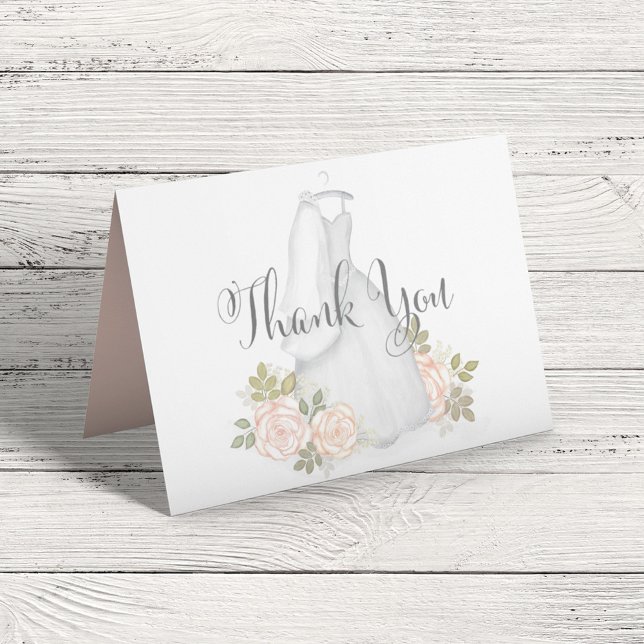 Agradecimiento de la ducha nupcial de acuarela son (Elegant thank you card with stylish calligraphy script and classic wedding gown. )