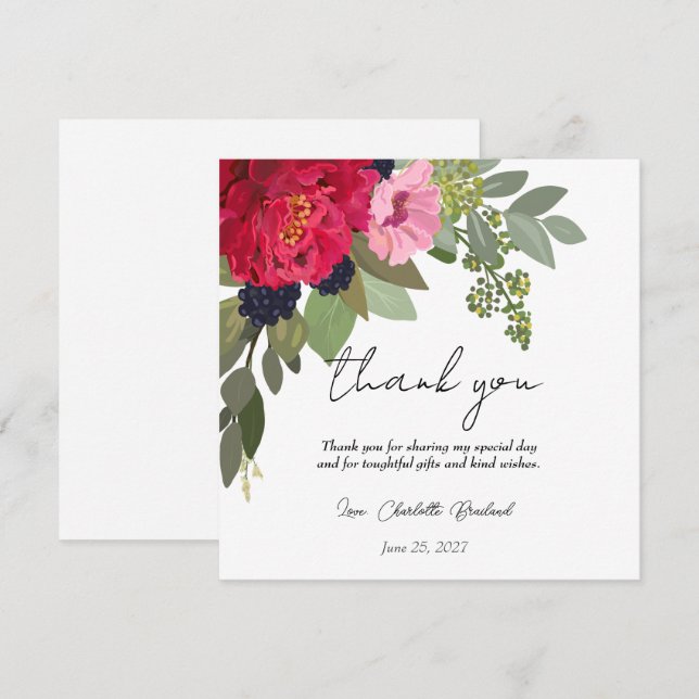 Agradecimiento de lluvia de boda floral de peonía  (Anverso / Reverso)