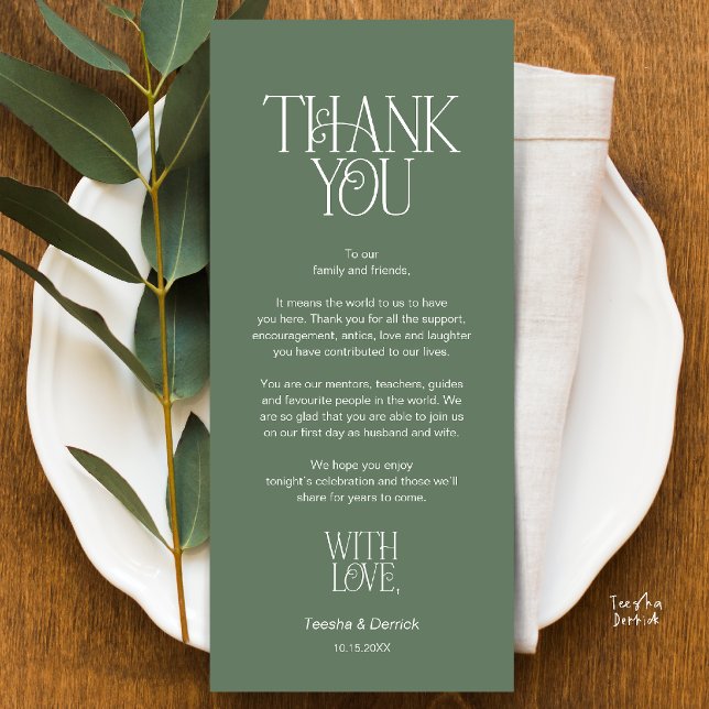 Agradecimiento de lugar de boda Tarjeta verde salv (Modern Minimalist Wedding Dinner Place Setting Thank You Sage Green Card)