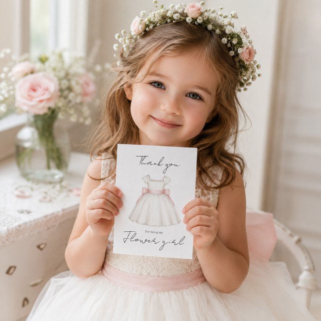 Agradecimiento de niña de las flores de acuarela d (Personalized watercolor flower girl thank you card with elegant white dress and pink sash.)