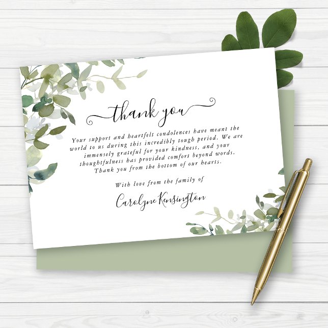 Agradecimiento de simpatía de vegetación en acuare (Watercolor Greenery Sympathy Thank You Card)