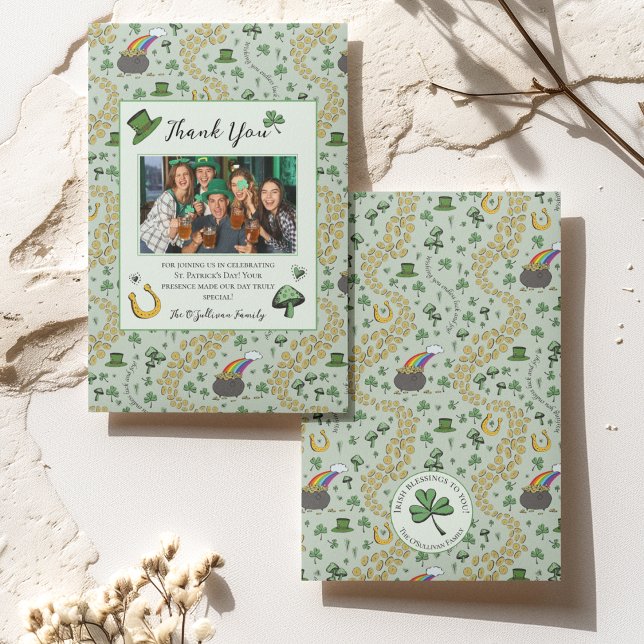 Agradecimiento Divertido Green St Patricks Tarjeta de agradecimie (St Patricks Day Custom Photo, Thank You Message and Name with Irish Blessing on Back of the Card. 
)