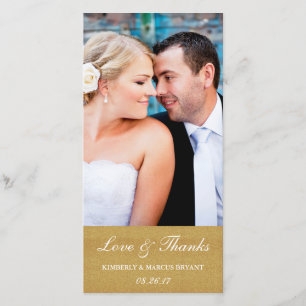 Agradecimiento Elegante Boda Amor y Gracias Tarjeta de Foto / Oro
