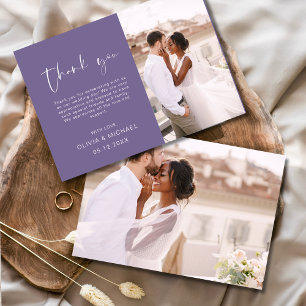 Agradecimiento Elegante Boda de fotos con guión morado - Tarjeta