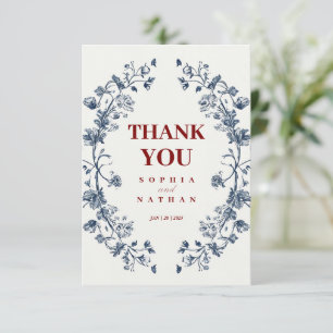 Agradecimiento Elegante Boda Floral Azul Tarjeta de agradecimient