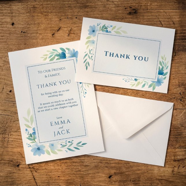 Agradecimiento Elegante Boda Floral Azul Tarjeta de agradecimient (Elegant Blue Floral Wedding Thank You Card.)