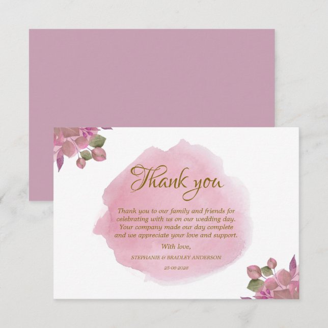 Agradecimiento Elegante Boda floral-rosado moderno - Tarjeta de a (Anverso / Reverso)