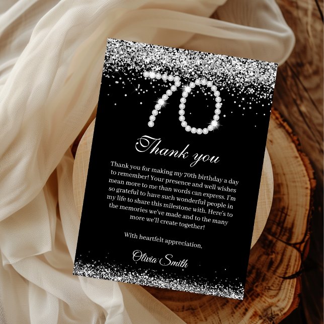 Agradecimiento Elegante Diamantes 70 cumpleaños Tarjeta de agrade (70th Birthday Party Thank you card)