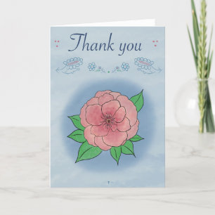 Agradecimiento Elegante flor rosa sobre azul doblado tarjeta de a