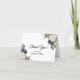 Agradecimiento Elegante Floral Azul, Boda Rosa Tarjeta De Gracias