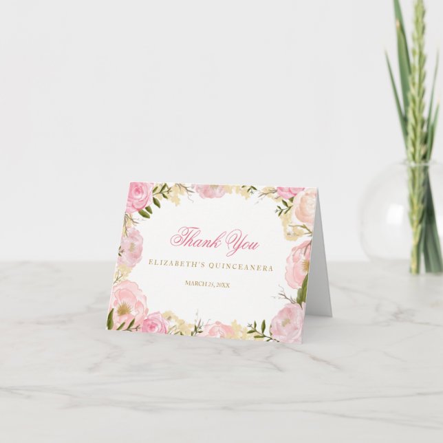 Agradecimiento Elegante Rosa Rosa Quinceanera Tarjeta de agradeci (Anverso)