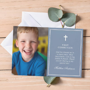 Agradecimiento Elegante Tarjeta de Primera Comunión en Azul Polvo