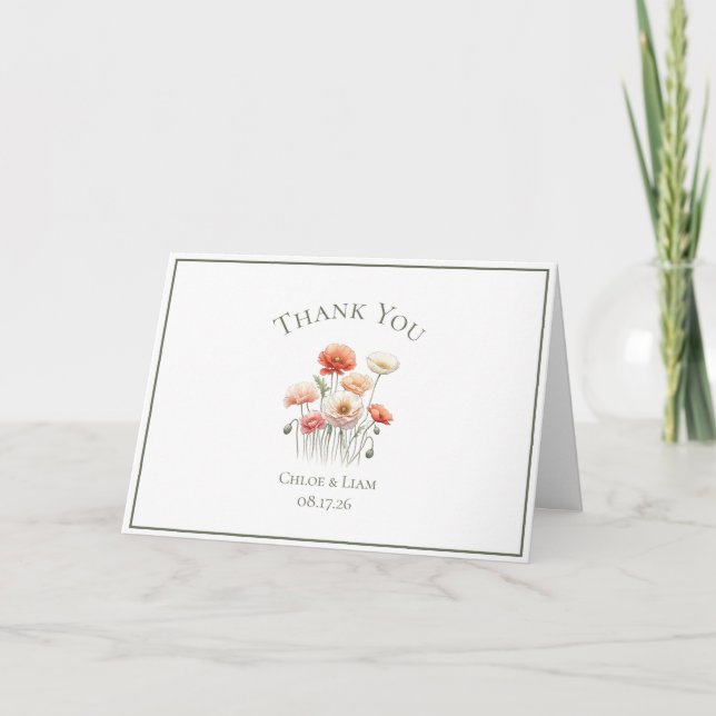 Agradecimiento Elegantes Poppies Boda de Flores Gracias Tarjeta (Anverso)