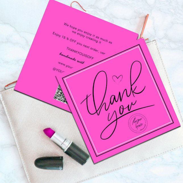 Agradecimiento Empresarial Elegante Rosa y Negro (Professional Business Thank You Elegant Pink and Black Card.#pinkthankyoucard #script #qrcode)