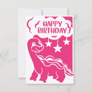 Agradecimiento Feliz cumpleaños, tarjeta rosa de saludo de dinosa