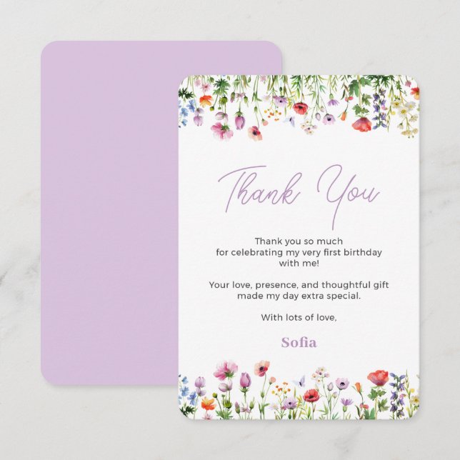 Agradecimiento Flor silvestre 1er cumpleaños Tarjeta de agradecim (Anverso / Reverso)