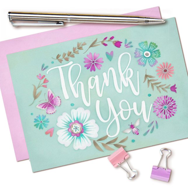 Agradecimiento Floral acuarela Verde azulada Tarjeta de agradecim (Pretty floral script thank you card with watercolor flowers.)