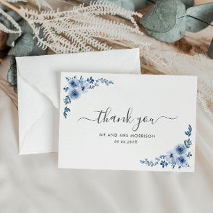 Agradecimiento flores azules polvorientas boda tarjeta de agradec
