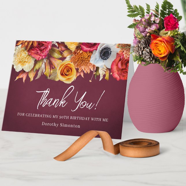 Agradecimiento Flores de Otoño Cumpleaños 90 Tarjeta Plegada (Lovely way to say thank you to friends and family for celebrating your 90th with you.)