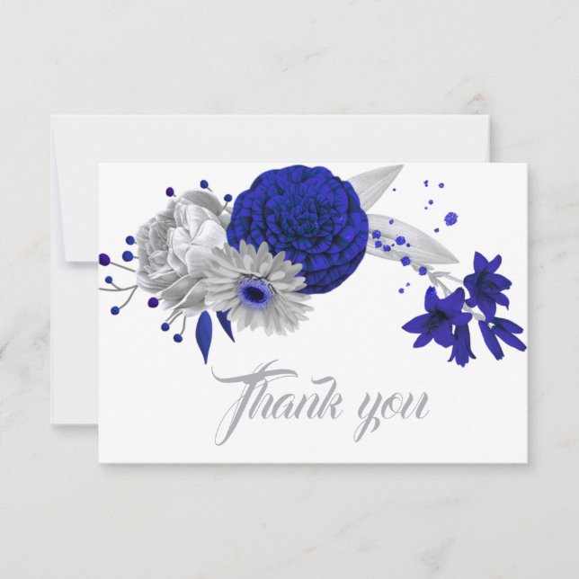 Agradecimiento flores de plata azul real gracias tarjeta (Anverso)