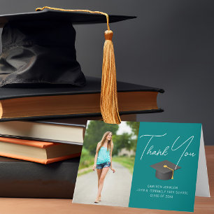 Agradecimiento Foto de graduado en azul teal de moda Tarjeta de a