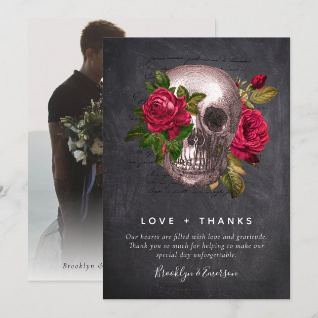 Agradecimiento Foto de Rosas de cráneo góticos | Tarjeta de agrad (Anverso / Reverso)