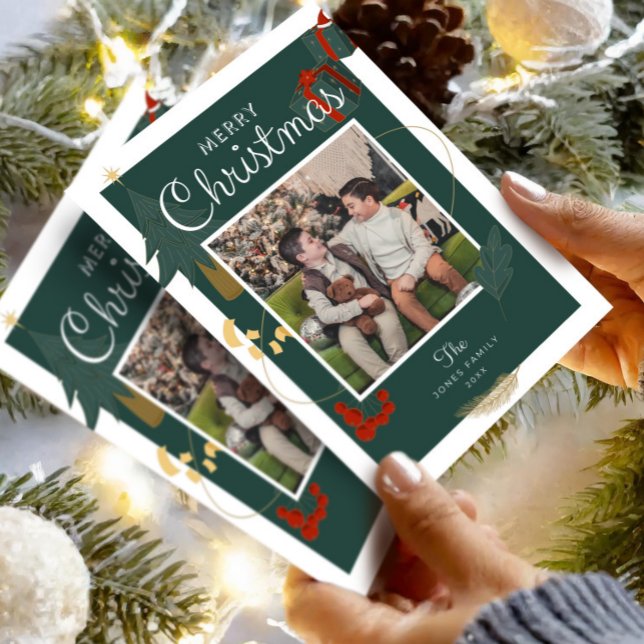 Agradecimiento Foto Familiar de Tarjeta de Navidad Verde Fiesta (Christmas Card Photo EditableTemplate , Boho Holiday Card , Unique Merry Christmas Family Printable )