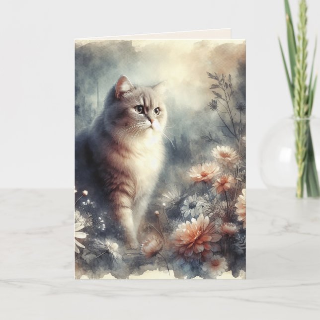 Agradecimiento Gato acuarela y floral - Tarjeta del día de la mad (Anverso)