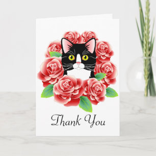 Agradecimiento Gato de Tuxedo y Rosas Cuidada tarjeta de agradeci