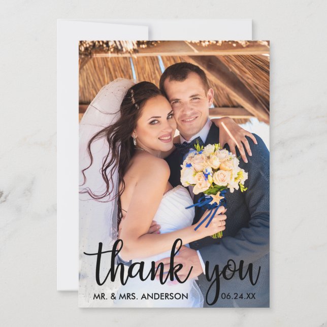 Agradecimiento Gracias Boda Foto Tarjeta de escritura moderna Blk (Anverso)