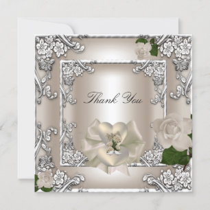 Agradecimiento Gracias Tarjeta de Boda Elegante Crema Rosa Plata
