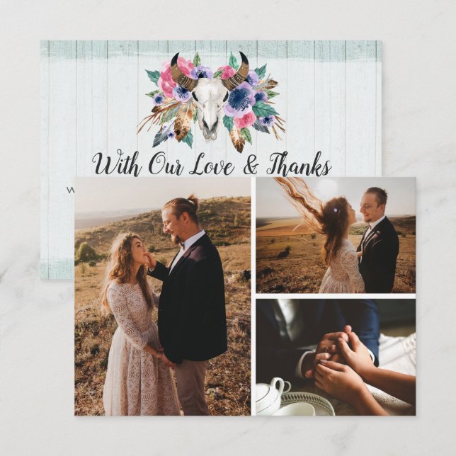 Agradecimiento Gracias Tarjeta de Foto Rustic Floral Cow Skull Bo (Anverso / Reverso)