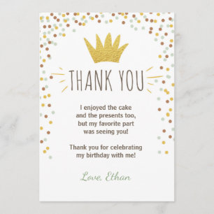 Agradecimiento Gracias tarjeta de Wilthday Gold Boy Crown