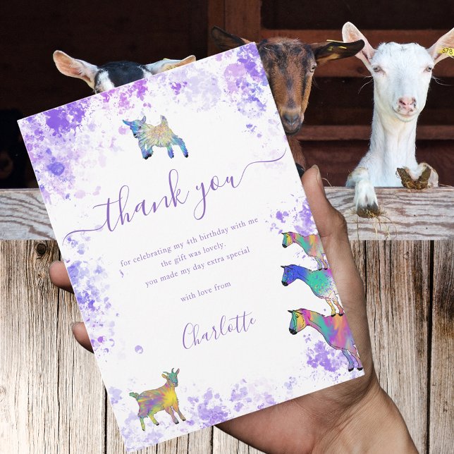 Agradecimiento Granja de cabras lindas Cumpleaños Tarjeta de agra (Colorful watercolor Goat farm themed 4th birthday party thank you card)