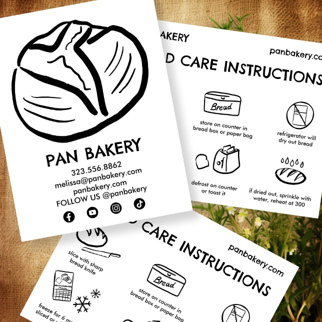 Agradecimiento Instrucciones de la tarjeta de cuidado de pan Tarj (BREAD Care Card Instructions Sourdough Bakery Card Hand-drawn Illustrations
)