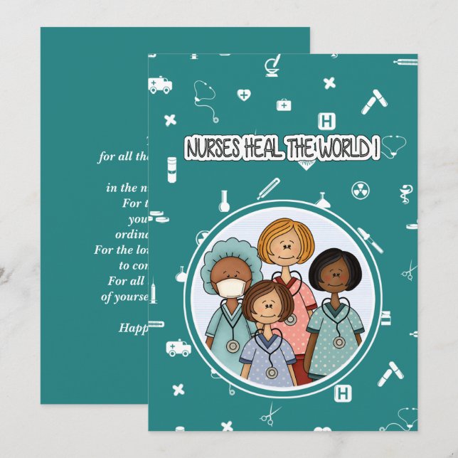 Agradecimiento Las enfermeras curan el mundo. Tarjeta de Apreciac (Anverso / Reverso)