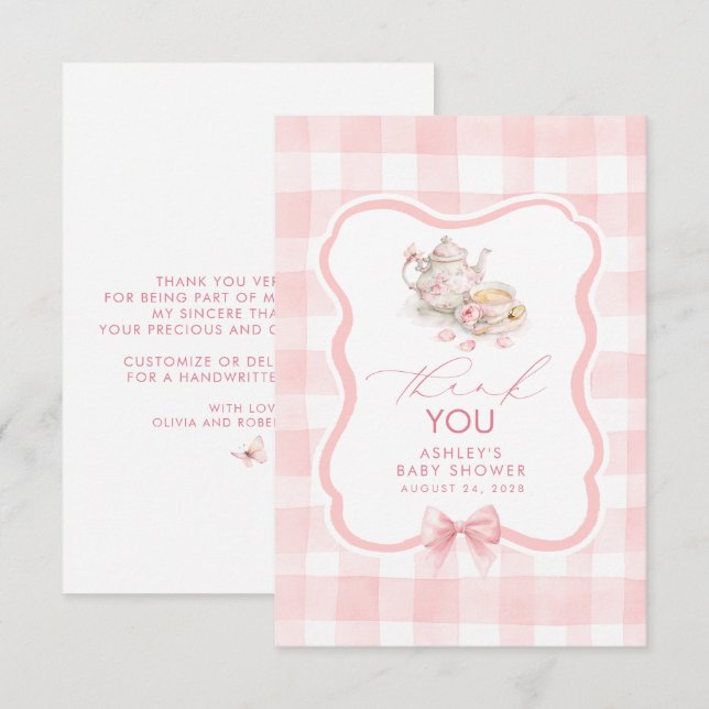 Agradecimiento lindo de té con gingham rosa (Anverso / Reverso)